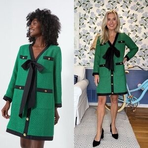 NWT Pomander Place Coco Tweed Green Black Buttoned Dress Tie Long Sleeve Small